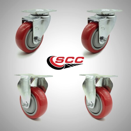 Service Caster 3.5 Inch SS Red Polyurethane Swivel Top Plate Caster Set with 2 Rigid SCC SCC-SS20S3514-PPUB-RED-2-R3514-2